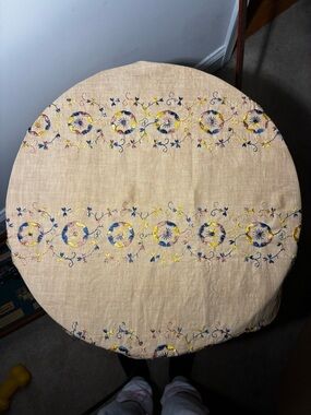 Vintage Linen Embroidered Lace Tablecloth Round Floral Cottagecore European Styl